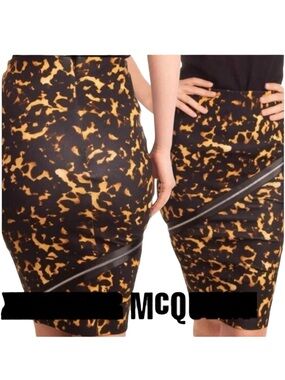 McQ Alexander McQueen Leopard Zipper Stretch Cotton Pencil Skirt (S)